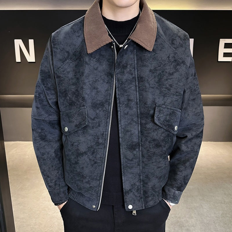 Herren Oversize Utility-Bomberjacke aus Kunstleder mit geripptem Saum und Hemdkragen Nord Taschen