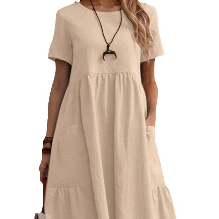 Damen Lockeres Baumwollkleid mit Taschen und Volant