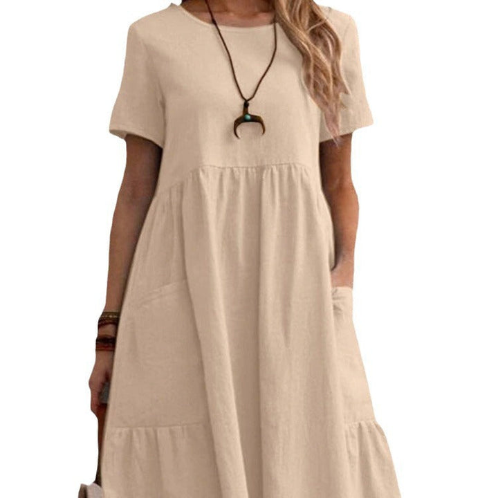 Damen Lockeres Baumwollkleid mit Taschen und Volant