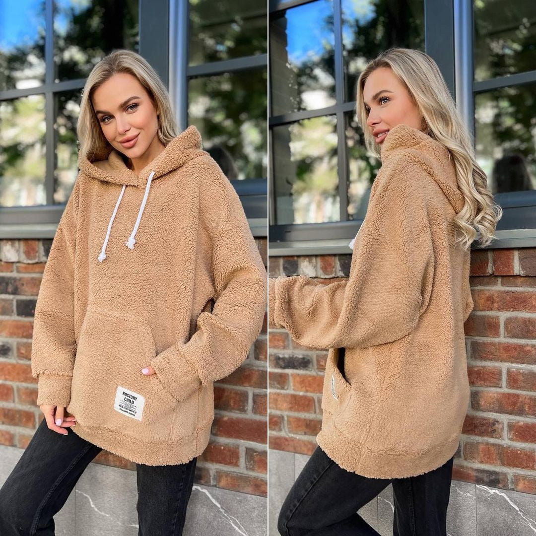 Damen Kuscheliger Teddy-Hoodie mit Kapuze, Kängurutasche und Oversize-Schnitt Nord Taschen