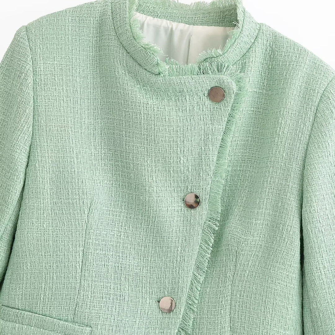 Damen Kurzblazer aus Bouclé‑Tweed mit Stehkragen, Fransenabschluss und taillierter Silhouette Nord Taschen