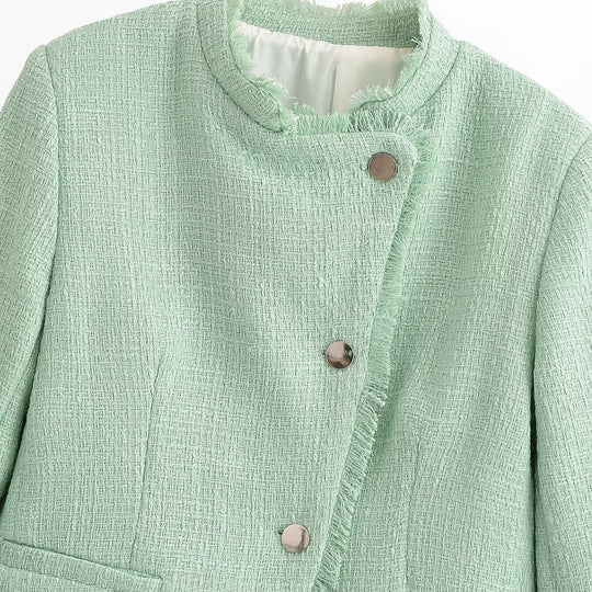 Damen Kurzblazer aus Bouclé‑Tweed mit Stehkragen, Fransenabschluss und taillierter Silhouette Nord Taschen