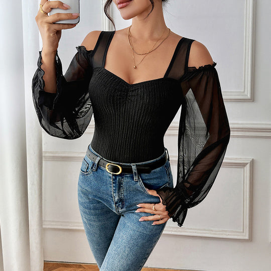 Damen Taillierter Mesh-Body mit herzförmigem Dekolleté, Puffärmeln und formendem Rippkorpus Nord Taschen