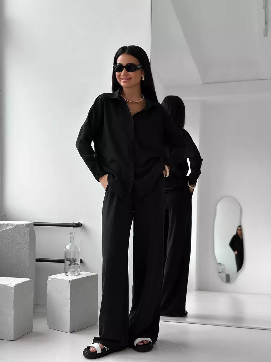 Damen Zweiteiliges Lounge-Set Oversize-Bluse mit Brusttasche und weiter Palazzo-Hose Nord Taschen