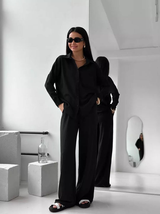 Damen Zweiteiliges Lounge-Set Oversize-Bluse mit Brusttasche und weiter Palazzo-Hose Nord Taschen
