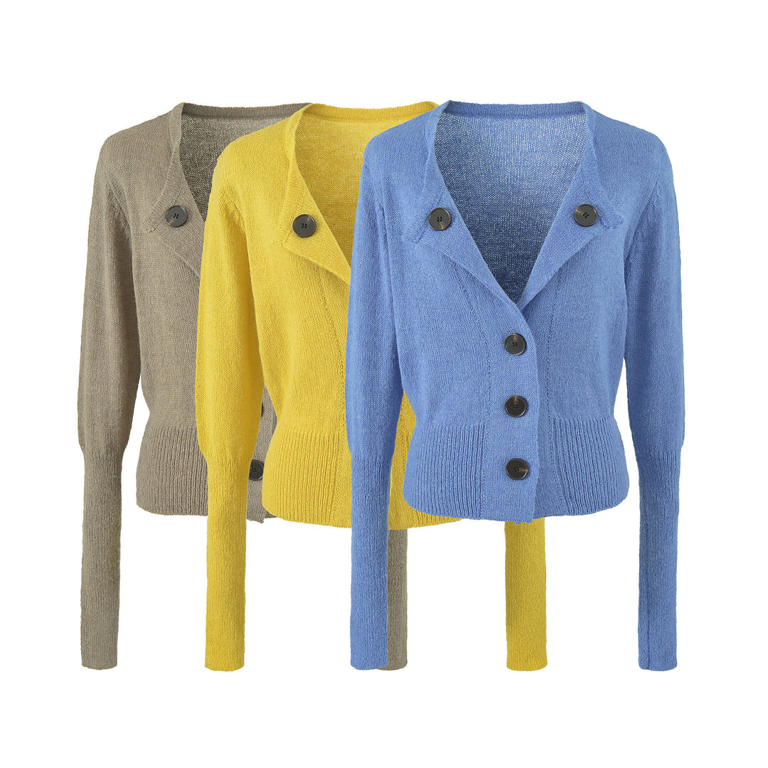 Damen Cropped-Taillierte Strickjacke mit Schalkragen und großen Zierknöpfen Nord Taschen