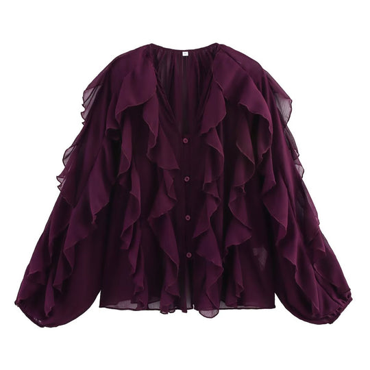 Damen Volant‑Chiffonbluse mit Lagen‑Rüschen und weiten Ballonärmeln Nord Taschen