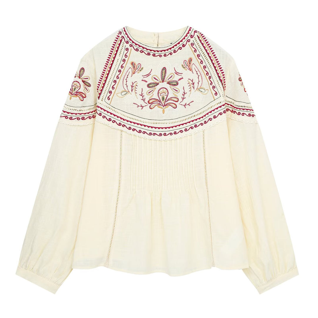 Damen Bestickte Boho-Bluse mit Rundhals, Kellerfalten und Spitzen‑Yoke Nord Taschen