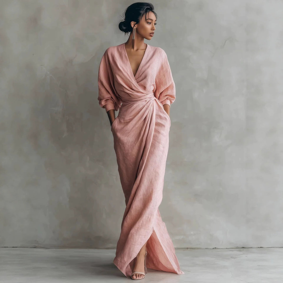 Damen Wickel-Maxikleid aus Leinenmix mit tiefem V-Ausschnitt und Ballonärmeln Nord Taschen