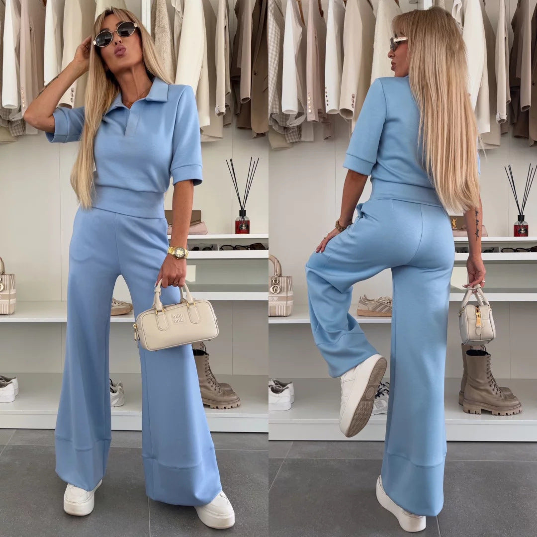 Damen figurnahes Cropped-Poloshirt und hochgeschnittene Wide‑Leg Hose Zweiteiler aus weichem Scuba-Jersey Nord Taschen