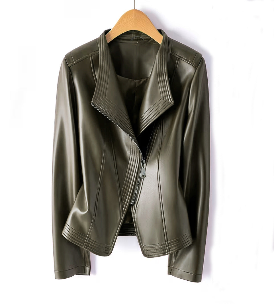 Damen Kurz geschnittene Kunstlederjacke mit asymmetrischem Reißverschluss Nord Taschen