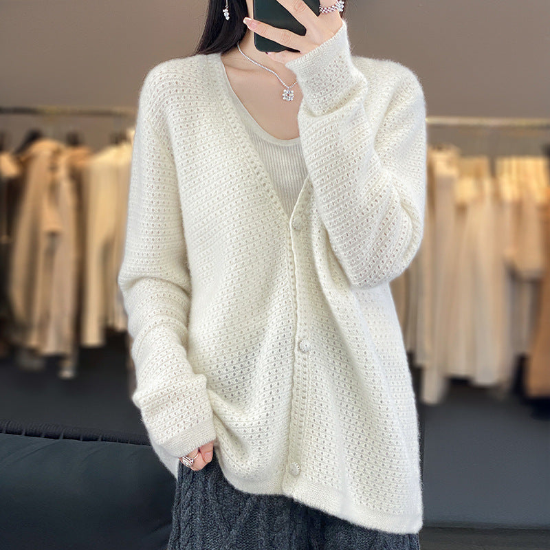 Damen Offener Ajour-Strickcardigan mit dezentem Flauschfinish und kastiger Oversize-Silhouette Nord Taschen