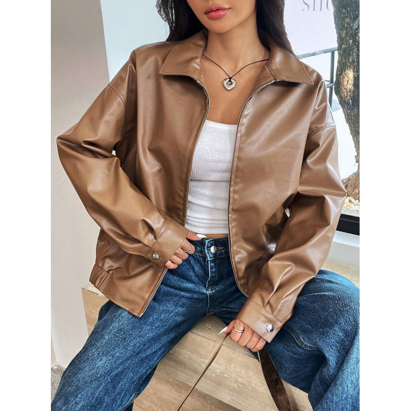 Damen Oversized Kunstleder-Blouson mit Reißverschluss und Hemdkragen Nord Taschen
