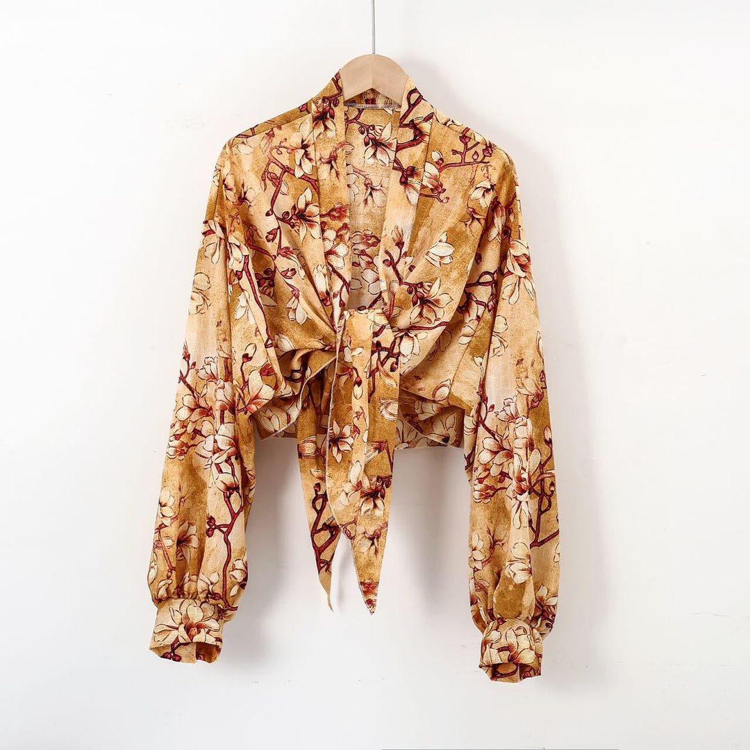 Damen nan florale Knoten-Bluse im Wickelstil mit Ballonärmeln und leichter Leinenoptik