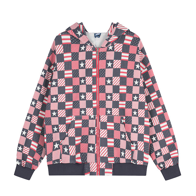Damen Zip-Kapuzenjacke mit Allover-Patchwork-Sternen- und Streifenmuster Nord Taschen