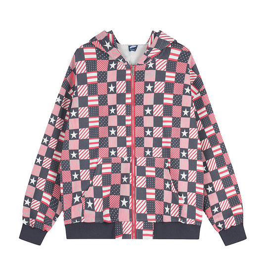 Damen Zip-Kapuzenjacke mit Allover-Patchwork-Sternen- und Streifenmuster Nord Taschen