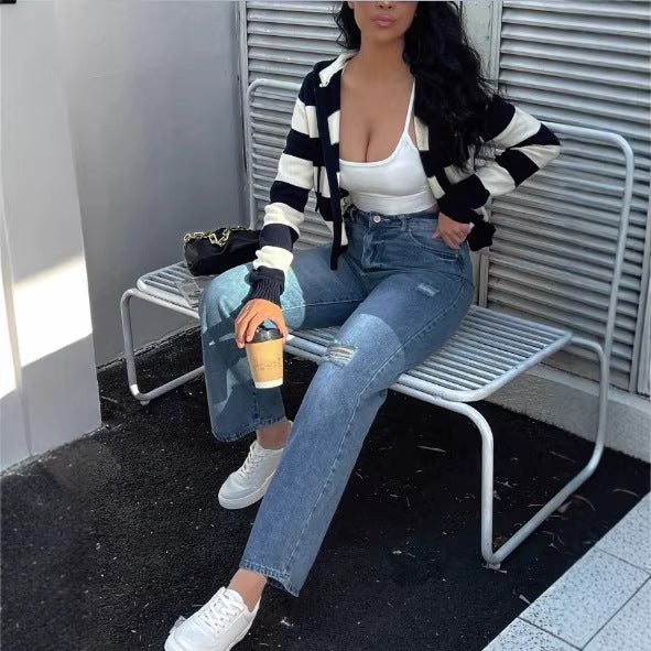 Damen hochtaillierte Relaxed‑Straight Denim‑Jeans mit weitem Bein und dezenten Destroy‑Details Nord Taschen