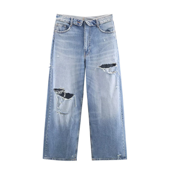 Damen Weite Destroyed-Jeans mit hoher Taille und geradem Bein Nord Taschen