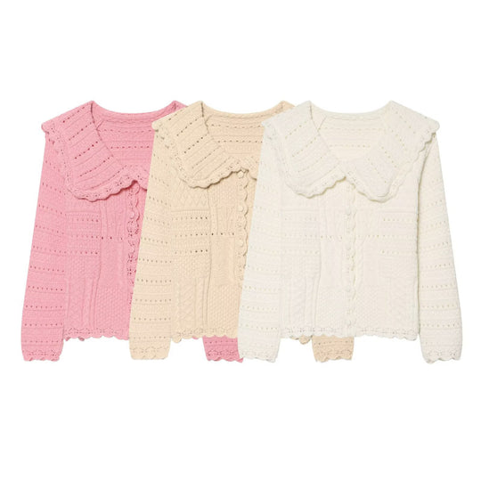 Damen Strickcardigan mit großem scallop-Kragen, Strukturmuster und Zierknopfleiste Nord Taschen