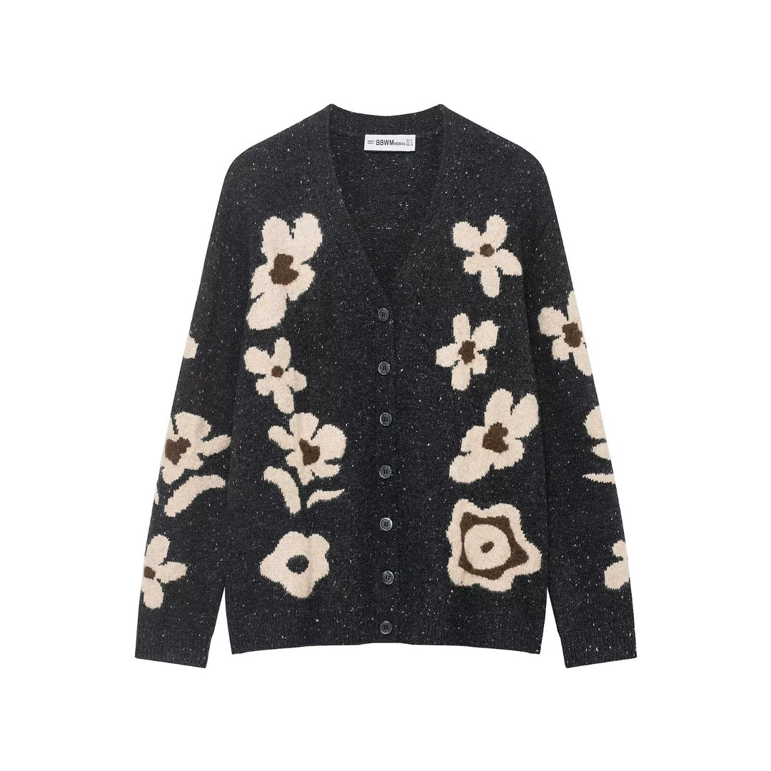 Damen Strickcardigan mit Leopardenjacquard, perlenverzierten Zierknöpfen und kurzem Saum Nord Taschen