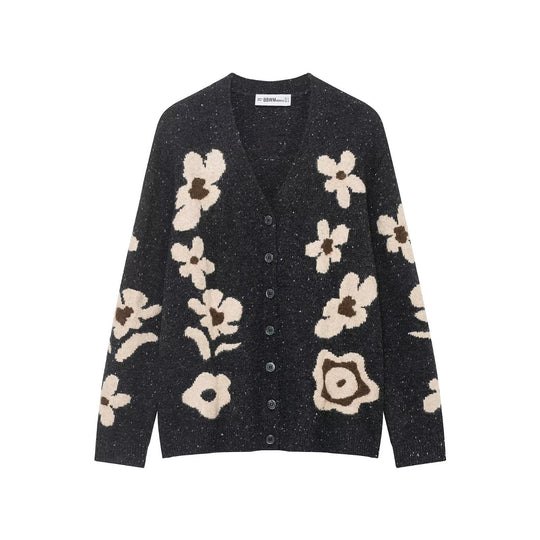 Damen Strickcardigan mit Leopardenjacquard, perlenverzierten Zierknöpfen und kurzem Saum Nord Taschen