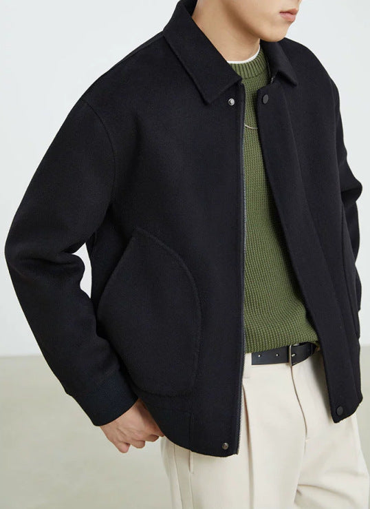 Herren Boxy Wollmix-Zipjacke mit verdeckter Knopfleiste und runden aufgesetzten Taschen Nord Taschen