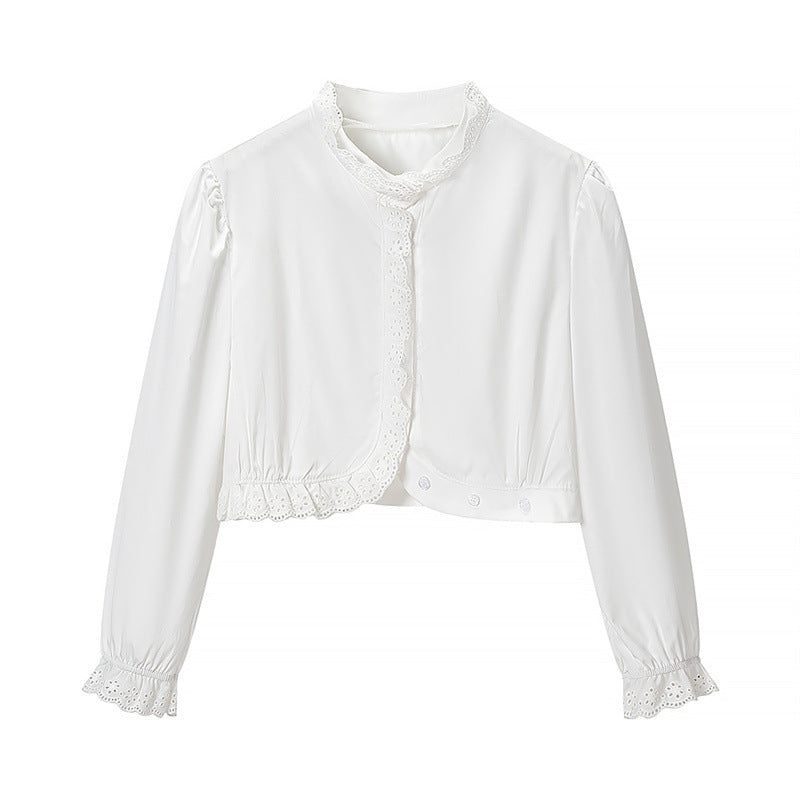 Damen Gekürzte Spitzenbolero‑Bluse mit Stehkragen und Lochstickerei Nord Taschen