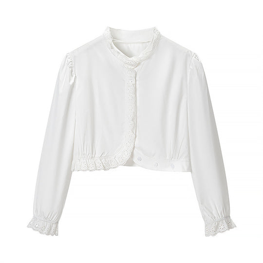Damen Gekürzte Spitzenbolero‑Bluse mit Stehkragen und Lochstickerei Nord Taschen