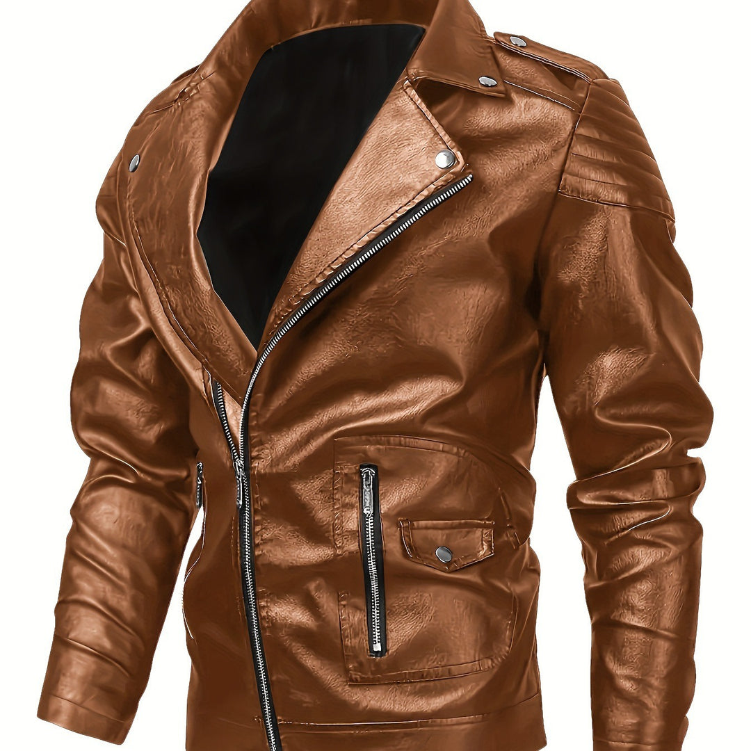 Herren Asymmetrische Bikerjacke aus Kunstleder mit gesteppten Schulterpaddings und Utility‑Taschen Nord Taschen