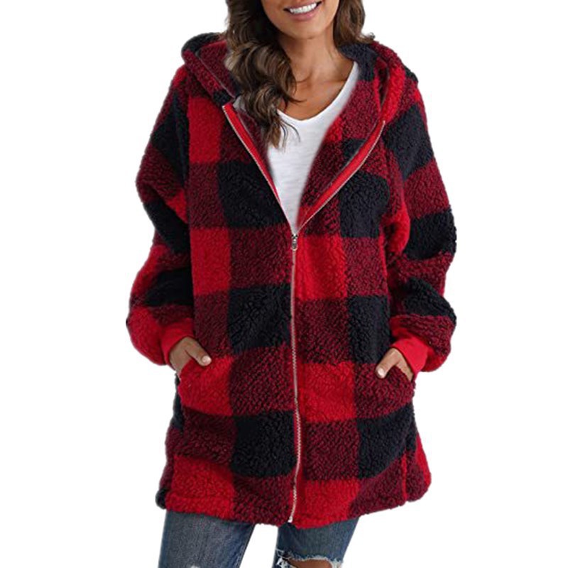 Damen Kariertes Teddy-Fleece-Mantel mit Kapuze und Reißverschluss Nord Taschen