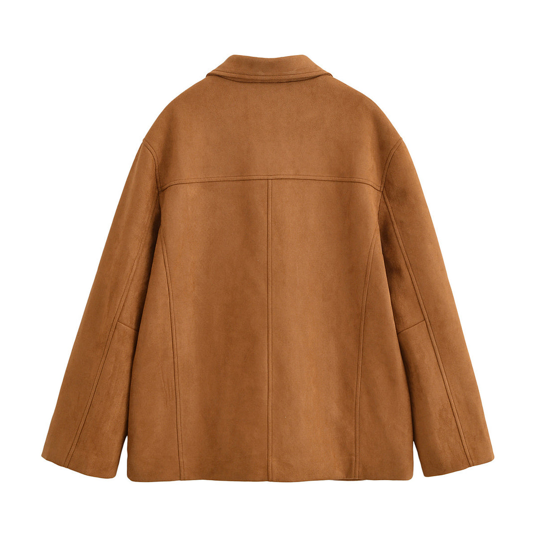 Damen Boxy-Utility-Jacke aus Wildlederoptik mit Hemdkragen und großen aufgesetzten Taschen Nord Taschen