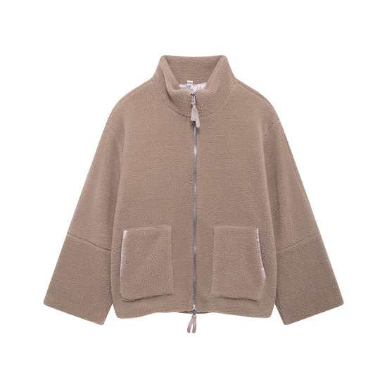 Damen Teddy-Fleece-Jacke mit Stehkragen und Lederoptik-Details Nord Taschen
