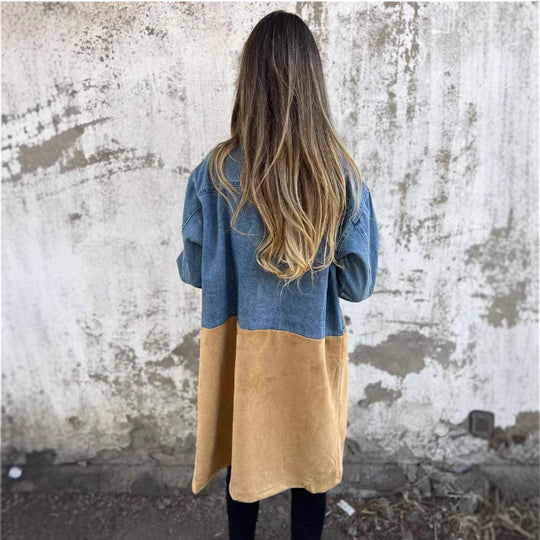 Damen Oversize Jeans-Blazer mit kontrastierendem Wildleder-Einsatz und doppelter Knopfreihe Nord Taschen