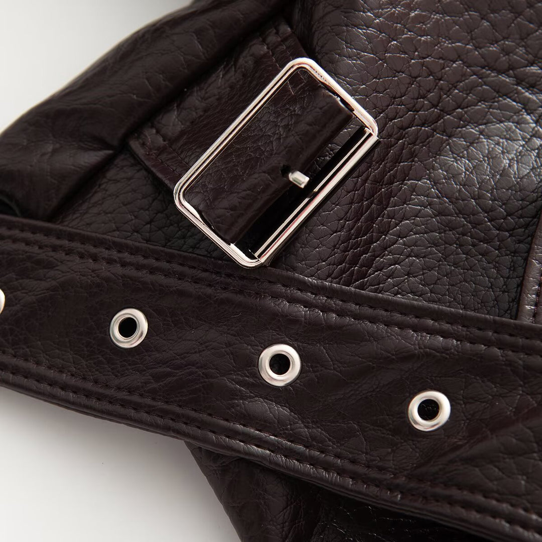 Damen Kurzgeschnittene Wickeljacke aus Lederoptik mit großem Schalkragen und Taillengürtel Nord Taschen