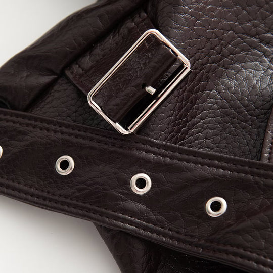 Damen Kurzgeschnittene Wickeljacke aus Lederoptik mit großem Schalkragen und Taillengürtel Nord Taschen