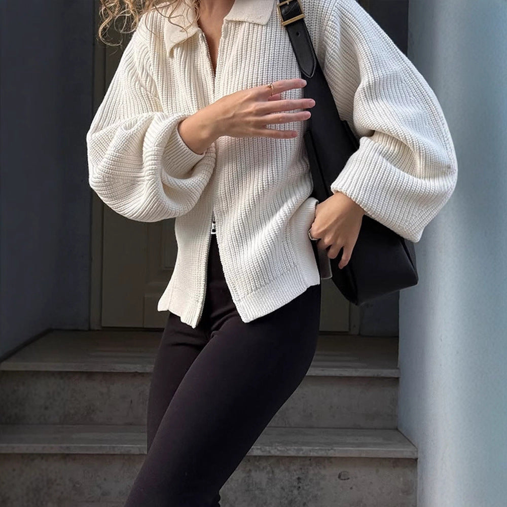 Damen Gerippte Strickjacke mit Reißverschluss, Hemdkragen & Ballonärmeln Nord Taschen