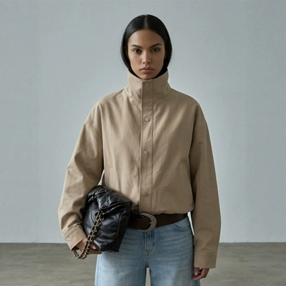 Damen Kurze kastige Canvasjacke mit hohem Stehkragen und Druckknopfleiste Nord Taschen