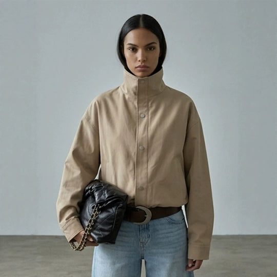 Damen Kurze kastige Canvasjacke mit hohem Stehkragen und Druckknopfleiste Nord Taschen