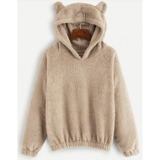 Damen Kuscheliger Teddy-Kapuzenpullover mit Bärenohren und Gummizugsaum Nord Taschen