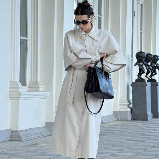 Damen Langer Taillierter Trenchcoat mit abnehmbarem Cape und Bindegürtel Nord Taschen