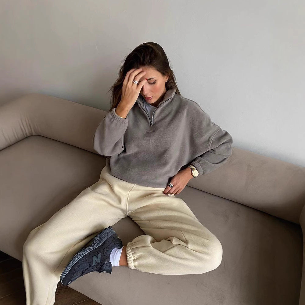 Damen Fleece-Halbzip-Sweatshirt oversized mit Stehkragen, Kängurutasche-Optik und elastischen Bündchen Nord Taschen