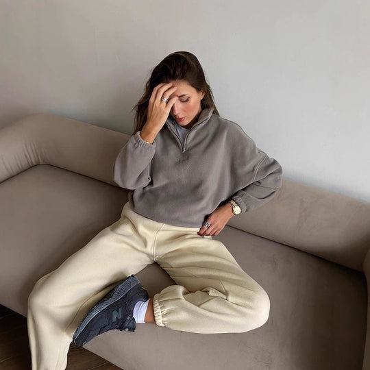 Damen Fleece-Halbzip-Sweatshirt oversized mit Stehkragen, Kängurutasche-Optik und elastischen Bündchen Nord Taschen
