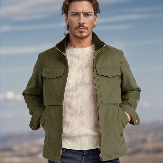 Herren Kurze Denim-Fieldjacke mit Stehkragen, Reißverschluss und aufgesetzten Brusttaschen Nord Taschen