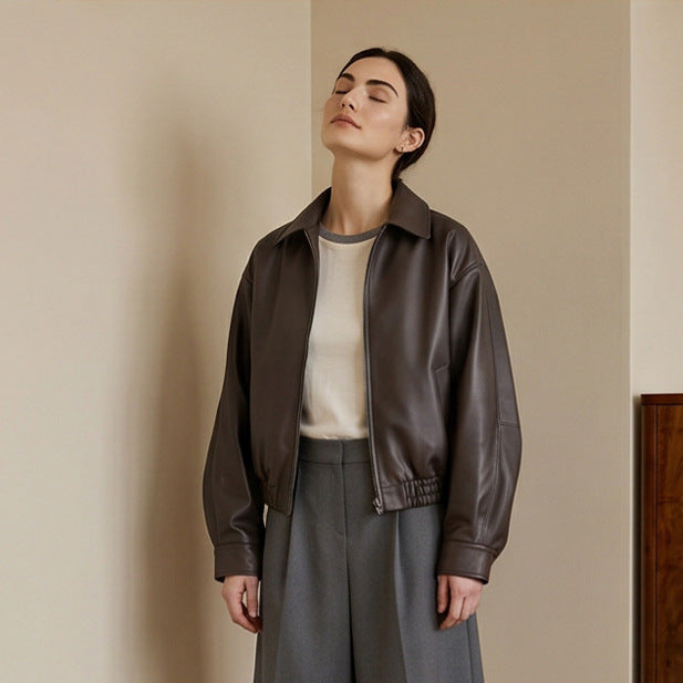 Damen Boxy-Cropped Kunstlederjacke mit verdecktem Reißverschluss und elastischem Saum Nord Taschen