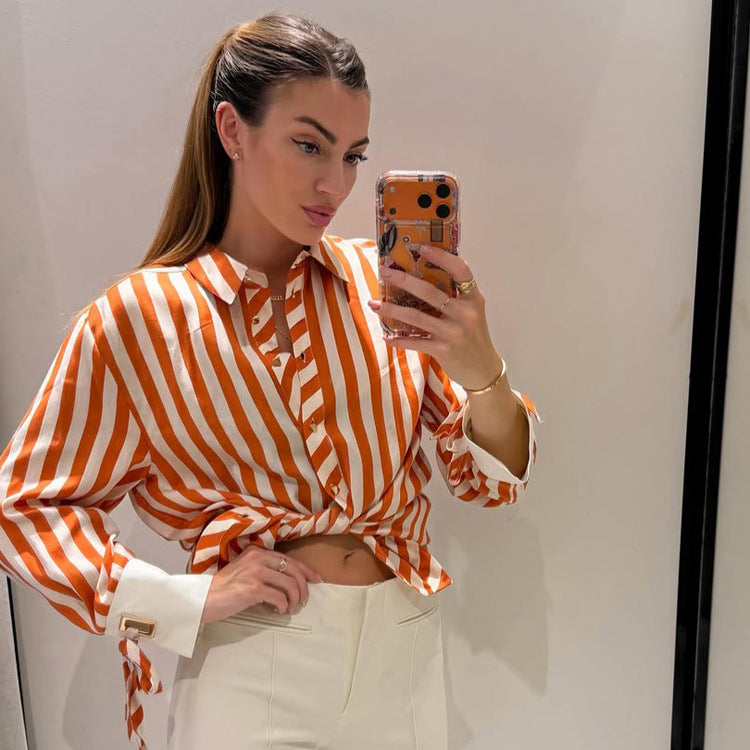 Damen Gestreifte Oversize-Hemdbluse mit kontrastierenden Manschetten & Knotenabschlüssen Nord Taschen