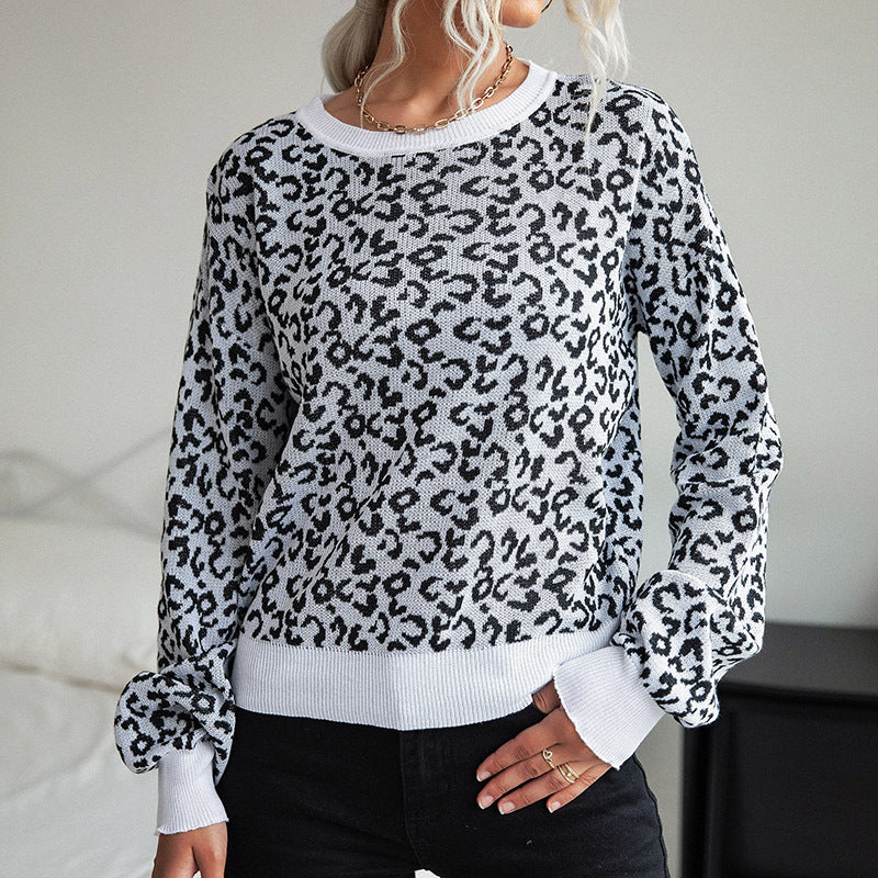 Damen Leichter Strukturstrick-Pullover mit Leoparden-Jacquard und geripptem Rundhalsausschnitt Nord Taschen