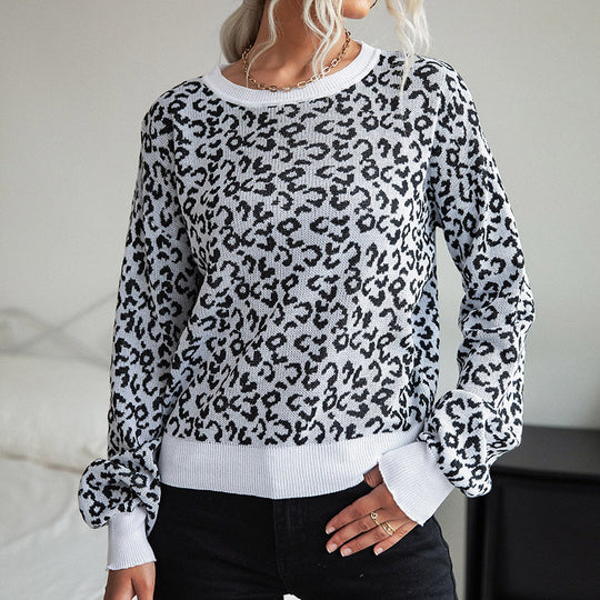 Damen Leichter Strukturstrick-Pullover mit Leoparden-Jacquard und geripptem Rundhalsausschnitt Nord Taschen