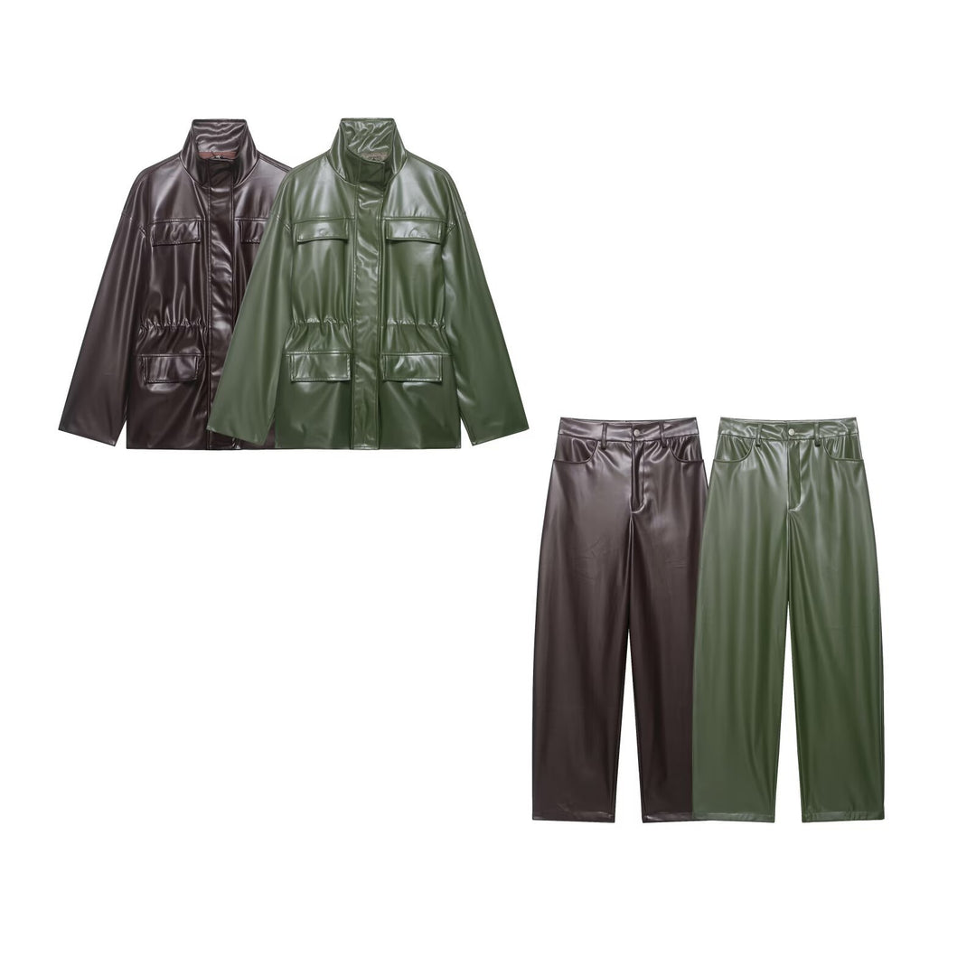 Damen Zweiteiliges PU-Leder-Ensemble mit Fieldjacke, Kordelzugtaillierung und High‑Waist Wide‑Leg Hose Nord Taschen