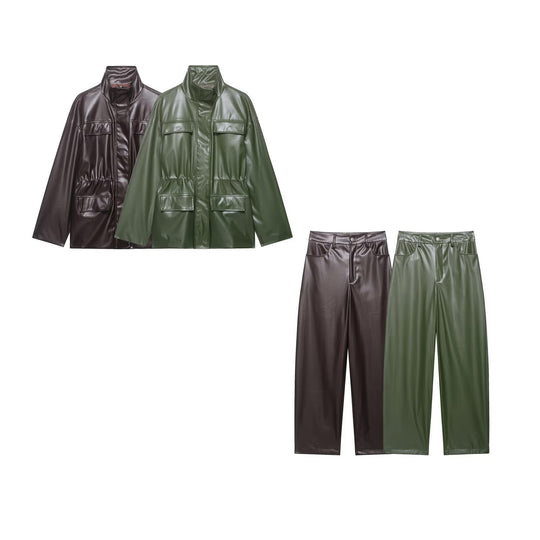 Damen Zweiteiliges PU-Leder-Ensemble mit Fieldjacke, Kordelzugtaillierung und High‑Waist Wide‑Leg Hose Nord Taschen