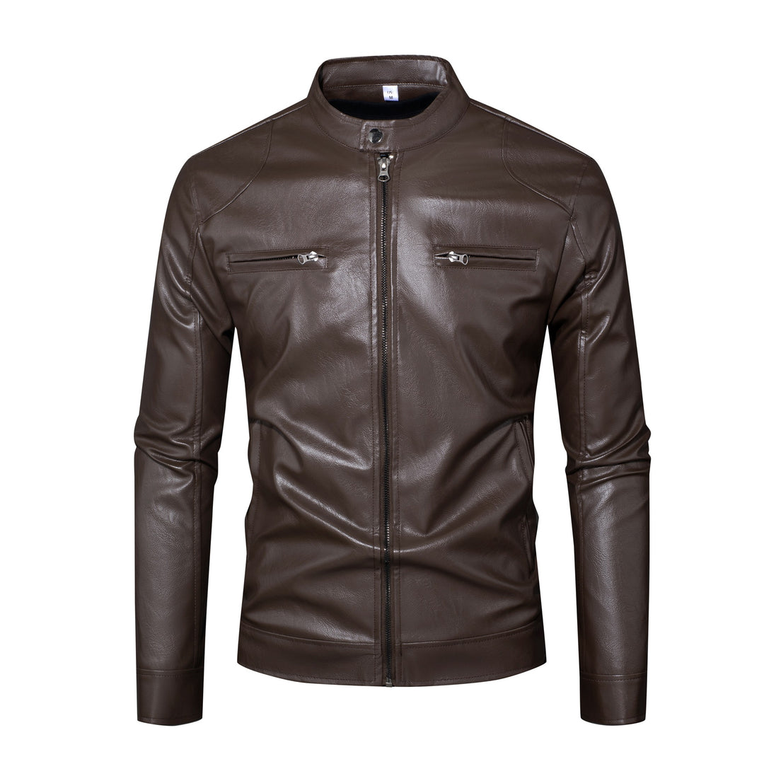 Herren Lederjacke im Bikerstil mit Stehkragen und Reißverschlusstaschen Nord Taschen